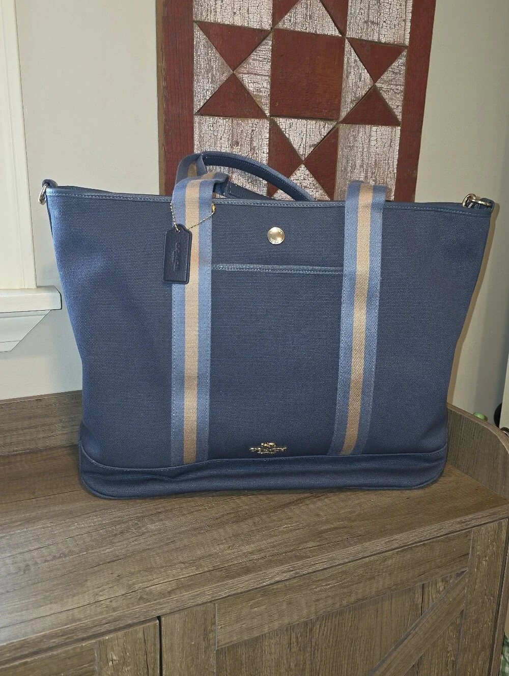 Coach Navy Canvas Weekender Tote with Tan Stripes